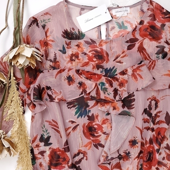 New Lovers + Friends Pink Floral Gold Metallic Stripe Sheer Ruff… - Picture 11 of 16